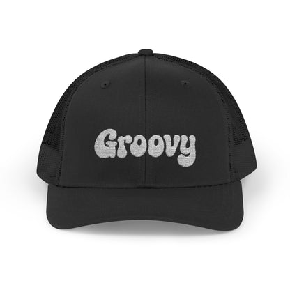 Groovy Trucker Hat – Retro Embroidered Hat with 70s Style Font for Funky Vibes, Chill Days, and Vintage Cool. White Letters