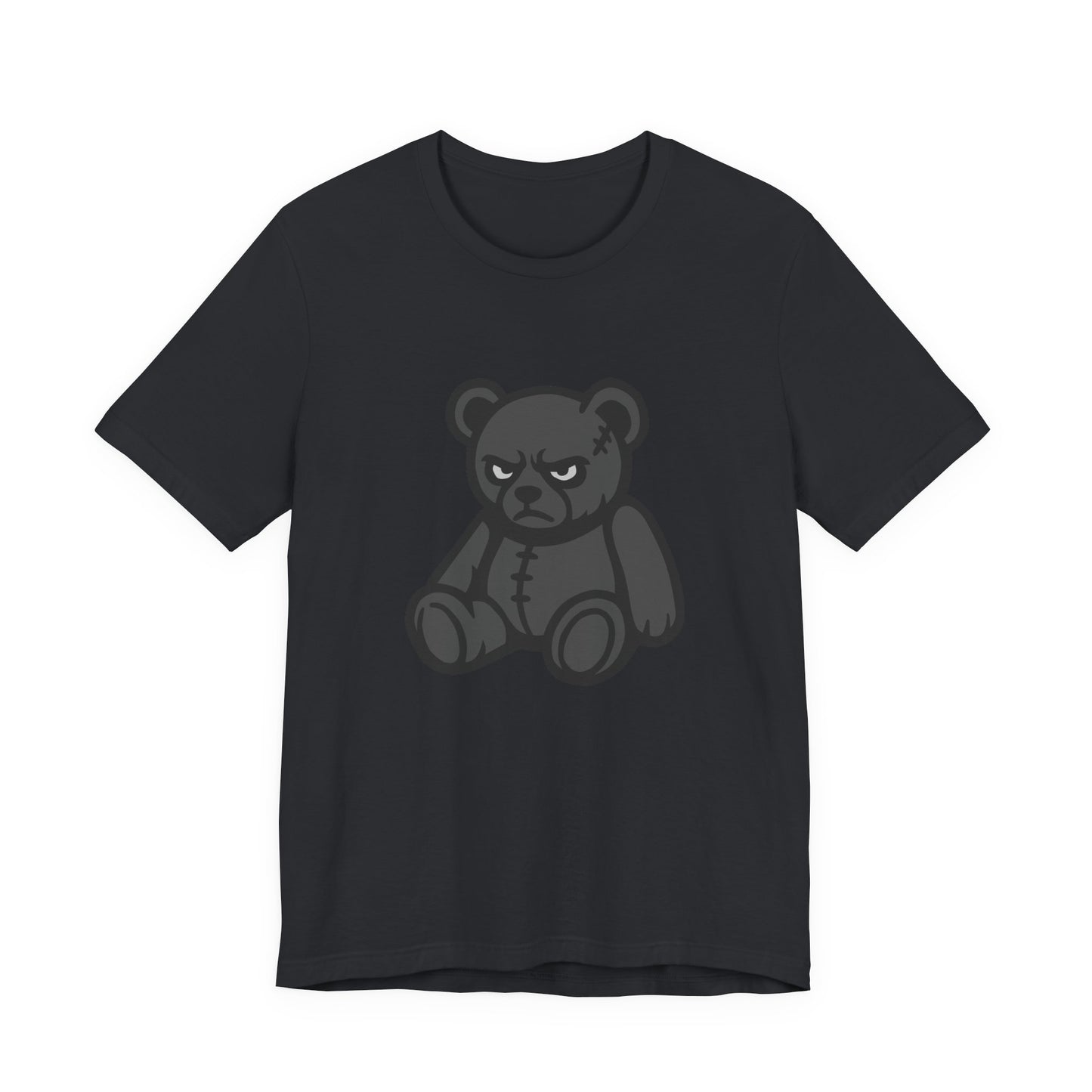 Angry Teddy Bear Graphic T-Shirt – Dark Theme Grayscale Plush with Attitude on Black Tee for Edgy or Ironic Style. Unisex Jersey Short Sleeve Tee