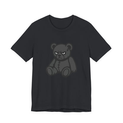 Angry Teddy Bear Graphic T-Shirt – Dark Theme Grayscale Plush with Attitude on Black Tee for Edgy or Ironic Style. Unisex Jersey Short Sleeve Tee