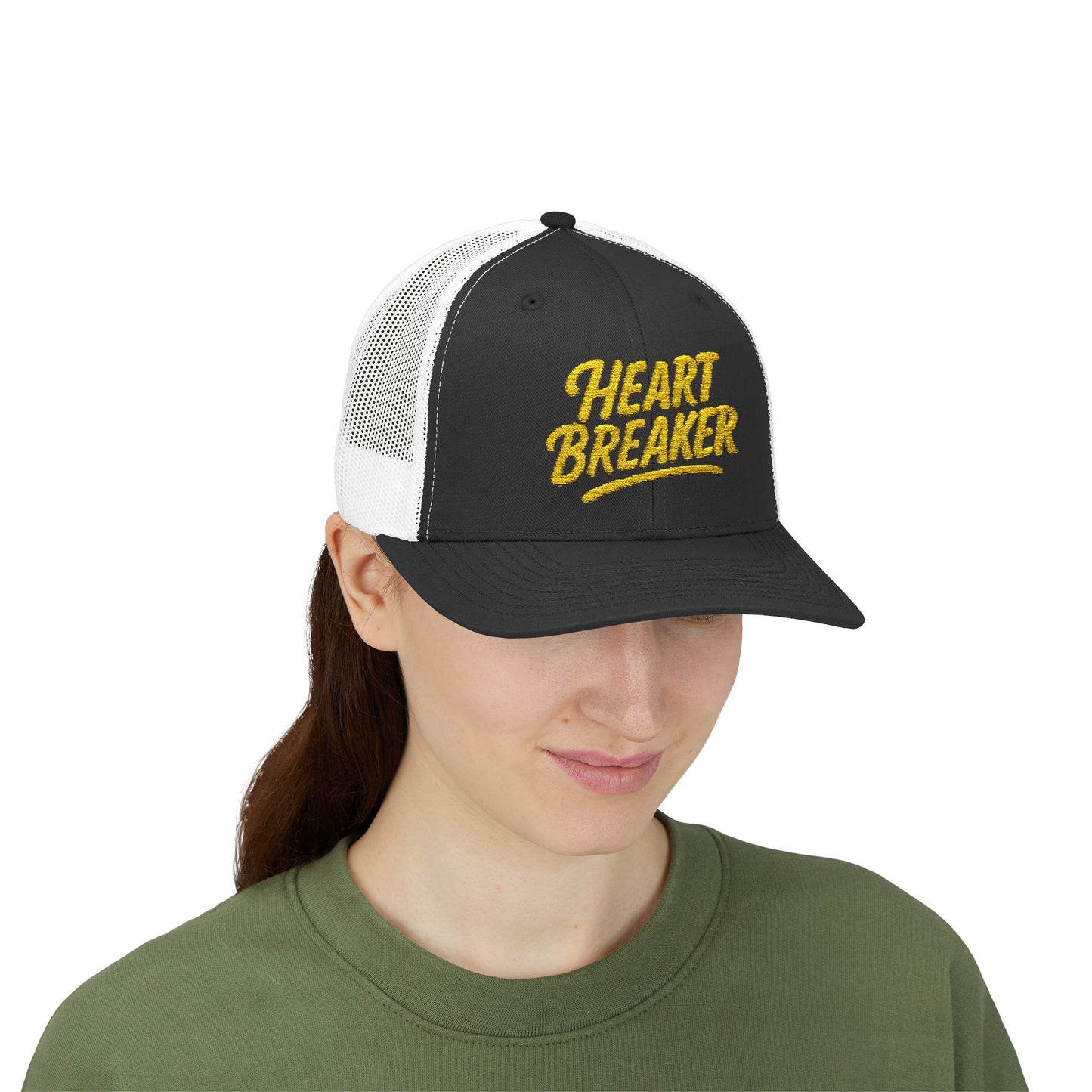 Heartbreaker Trucker Hat – Bold Baseball Hat with Retro Script and Broken Heart Design for Confident Rule-Breakers. Yellow Letters