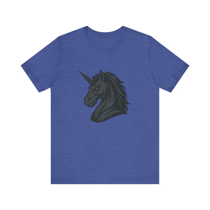 Dark Unicorn Profile T-Shirt – Dark Theme Grayscale Fierce Mythical Horse Design on Black Tee with Gothic Magic and Modern Ghost Effect. Unisex Jersey Short Sleeve Tee