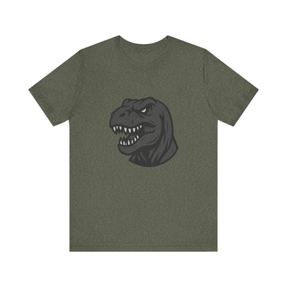 T-Rex Profile Graphic T-Shirt – Dark Theme Grayscale Dinosaur Head on Black Tee with Prehistoric Power and Modern Ghost Effect. Unisex Jersey Short Sleeve Tee