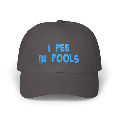I Pee In Pools Embroidered Classic Dad Hat – Funny Baseball Hat with Bold Blue Text for Lifeguard Terrors and Poolside Menaces