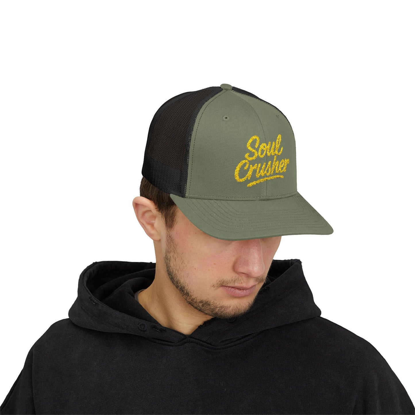 Soul Crusher Trucker Hat – Clean Script Hat with Bold Edge for Heartbreakers, Villains, and Power Moves. Yellow Letters
