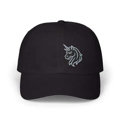 Angry Unicorn Classic Dad Hat – Embroidered Gothic Fantasy Hat with Red Eyes and Fierce Horned Design