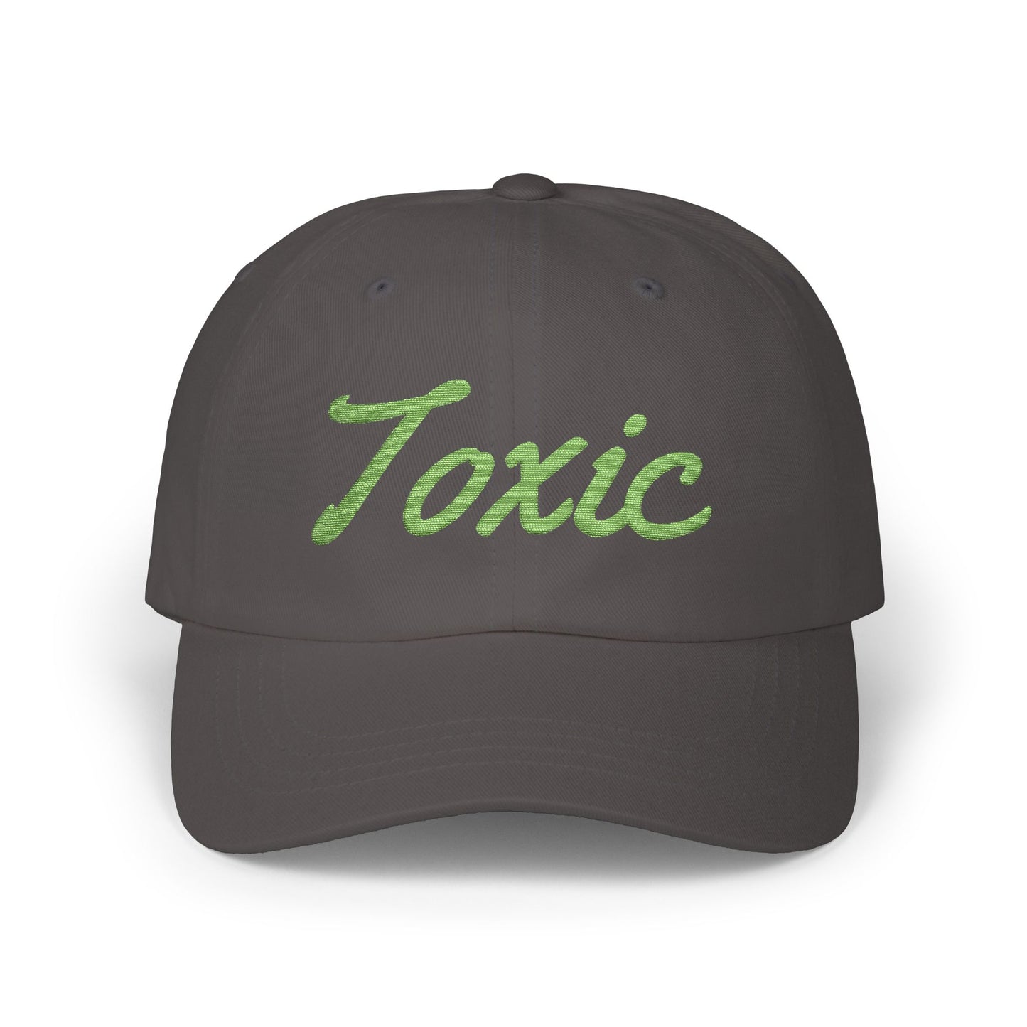 Toxic Embroidered Classic Dad Hat – Green Script Baseball Hat with Ironic Flair for Agents of Chaos and Certified Trouble