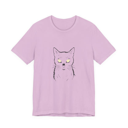 Ghost Cat Eyes Tee – Dark Theme Black Cat Outline with Transparent Face and Glowing Stare. Unisex Jersey Short Sleeve Tee