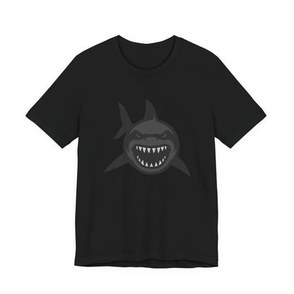 Ferocious Shark Face Graphic Tee with a Bold Bite – Dark Theme Ocean Predator Shirt in Black and Grey. Unisex Jersey Short Sleeve Tee
