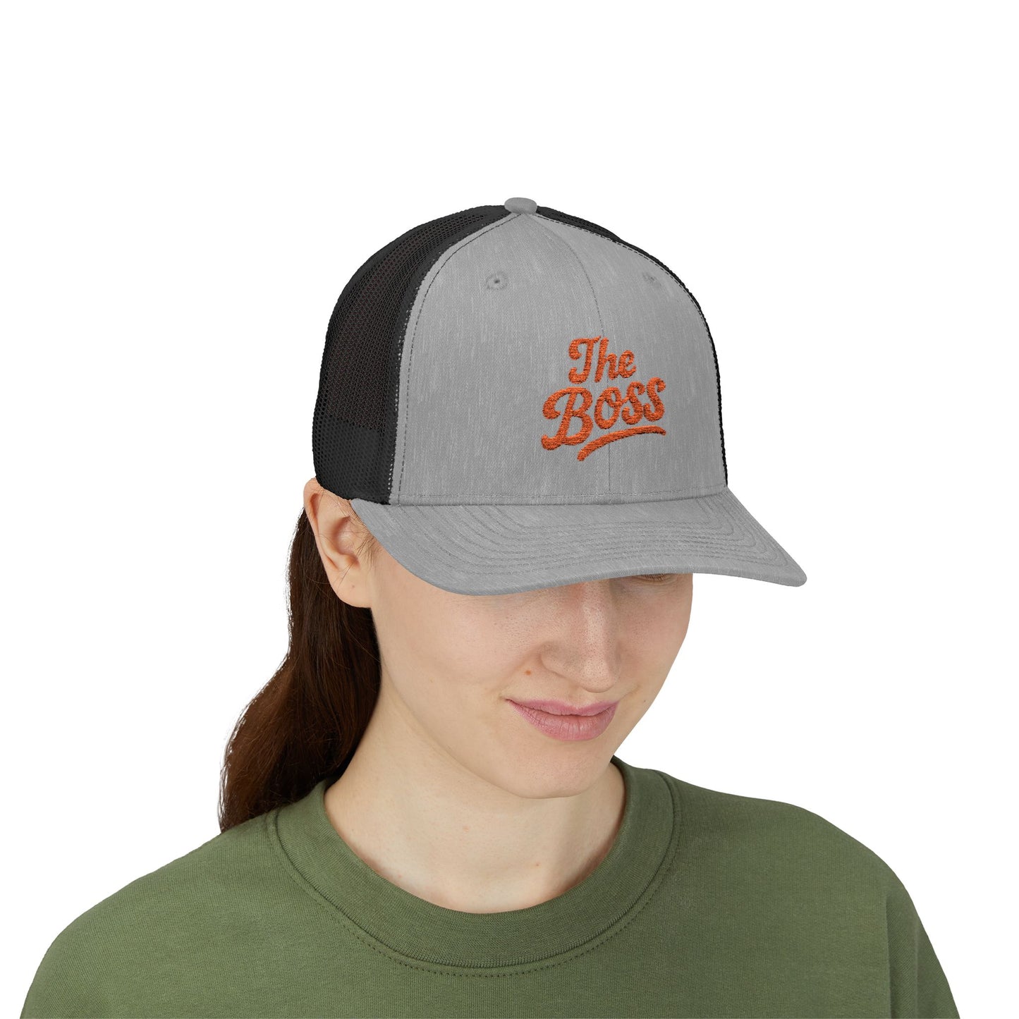 The Boss Trucker Hat – Embroidered Statement Hat for Power Moves Only. Orange Letters