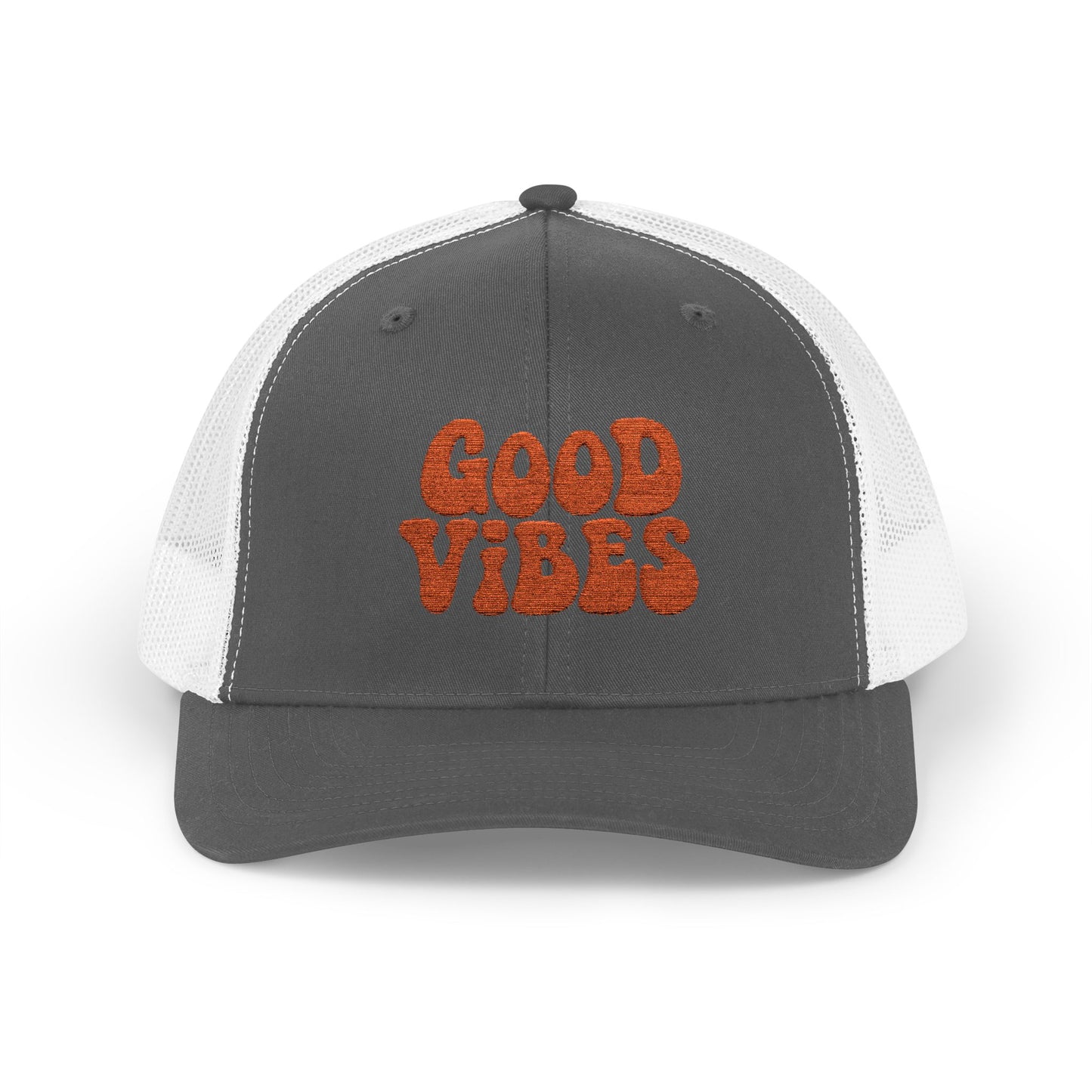 Good Vibes Trucker Hat – Embroidered Retro Text Hat for Positive Vibes, Chill Style, and Everyday Feel-Good Energy. Orange Letters