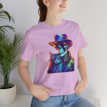Cool Skeleton and Cat Halloween Shirt – Neon Retro Horror Graphic Tee for Spooky Style and Cat Lovers