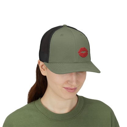 Red Lips Trucker Hat – Embroidered Pop Art Hat with Kiss Design