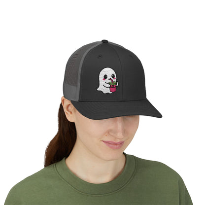Cute Ghost Trucker Hat – Embroidered Kawaii Ghost Drinking Hat for Halloween Vibes and Everyday Boo Energy