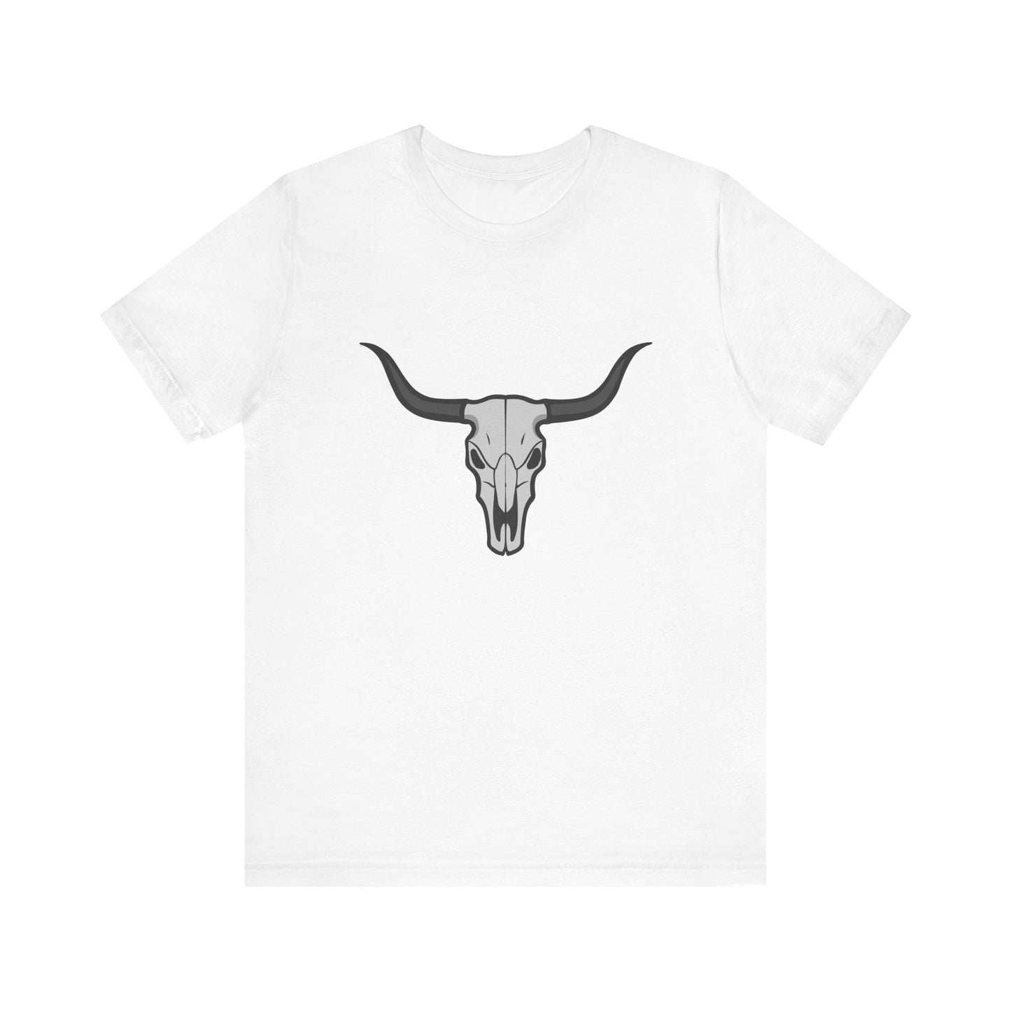 Dark Theme Steer Skull Shirt – Western Cow Skull Graphic in Grey and Black for Desert Gothic Vibes. Unisex Jersey Short Sleeve Tee