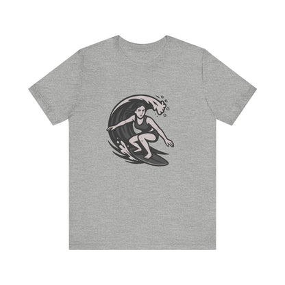 Surf Girl Graphic T-Shirt – Dark Theme Grayscale Female Surfer Riding Wave on Black Tee with Flow State Energy and Modern Ghost Effect. Unisex Jersey Short Sleeve Tee