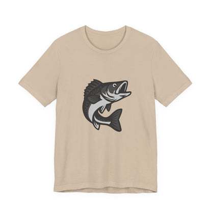 Walleye Fishing Graphic T-Shirt – Dark Theme Grayscale Freshwater Game Fish Design on Black Tee with Angler Energy and Modern Ghost Effect. Unisex Jersey Short Sleeve Tee