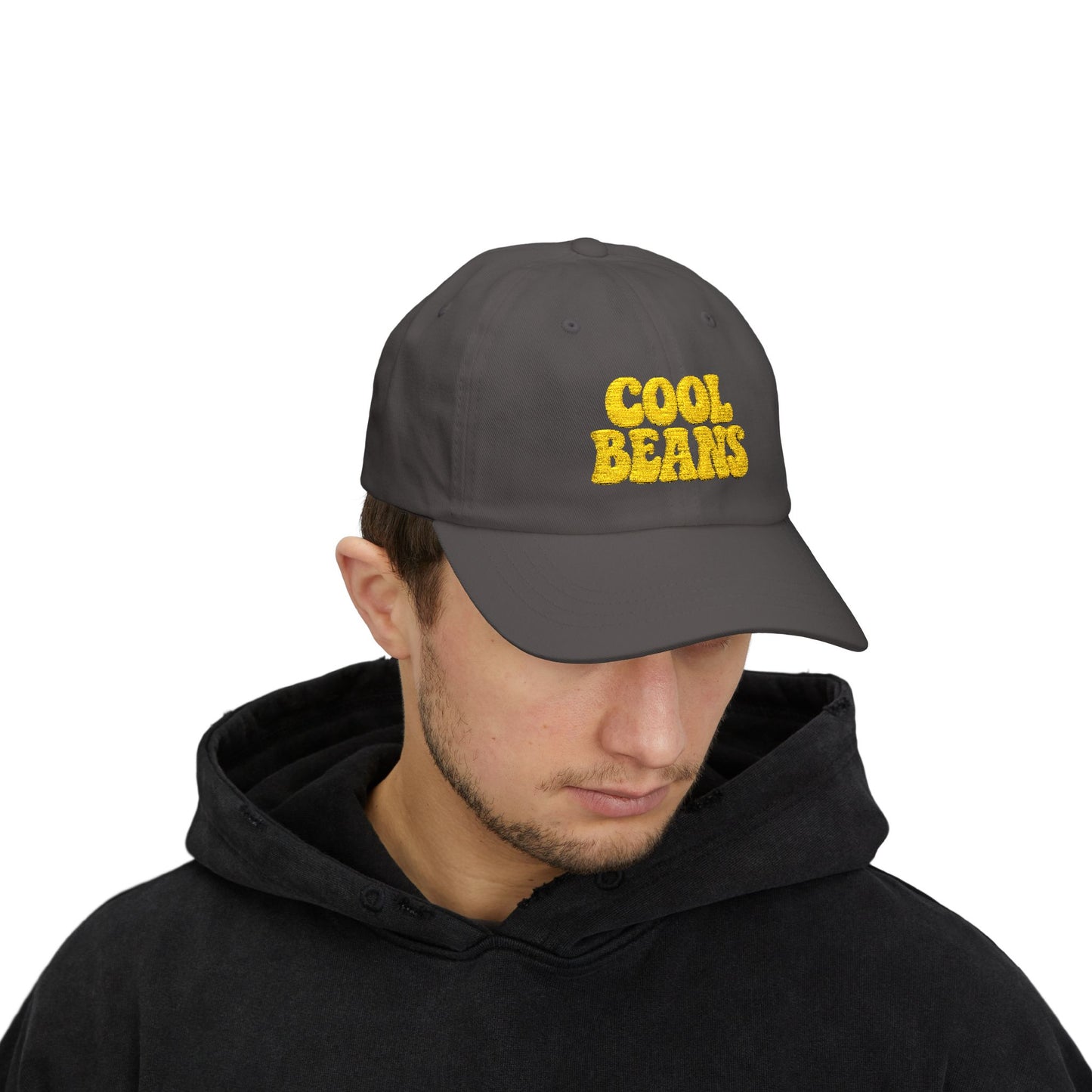 Cool Beans Classic Dad Hat – Embroidered Minimalist Text Hat for Chill Vibes and Quiet Comedy Fans. Yellow Letters