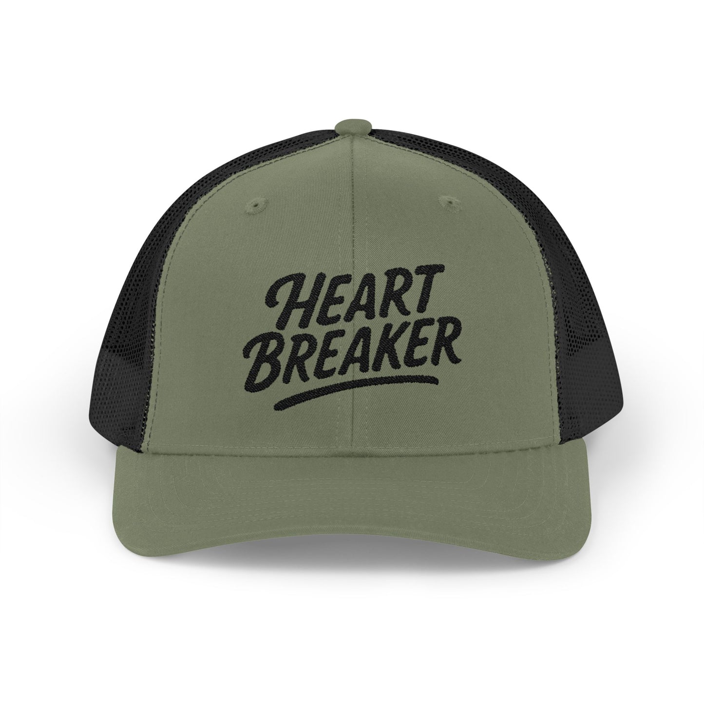 Heartbreaker Trucker Hat – Bold Baseball Hat with Retro Script and Broken Heart Design for Confident Rule-Breakers. Black Letters
