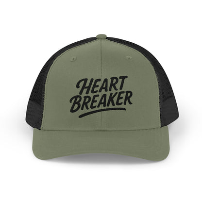 Heartbreaker Trucker Hat – Bold Baseball Hat with Retro Script and Broken Heart Design for Confident Rule-Breakers. Black Letters