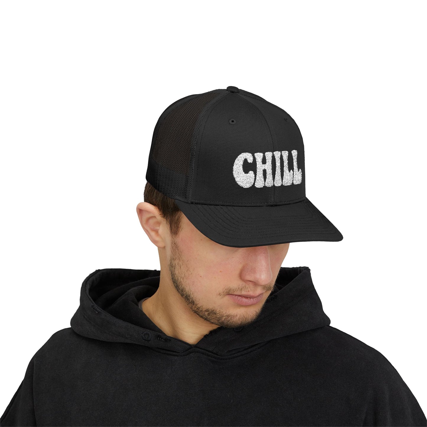 Chill Trucker Hat – Embroidered Relaxed Script Hat for Easygoing Vibes and Everyday Cool. White Letters