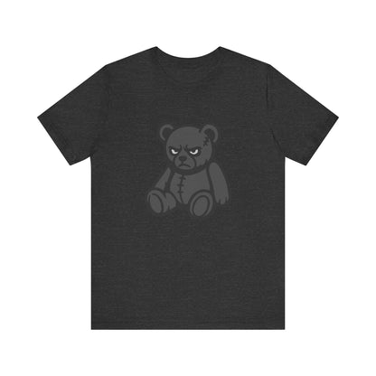 Angry Teddy Bear Graphic T-Shirt – Dark Theme Grayscale Plush with Attitude on Black Tee for Edgy or Ironic Style. Unisex Jersey Short Sleeve Tee