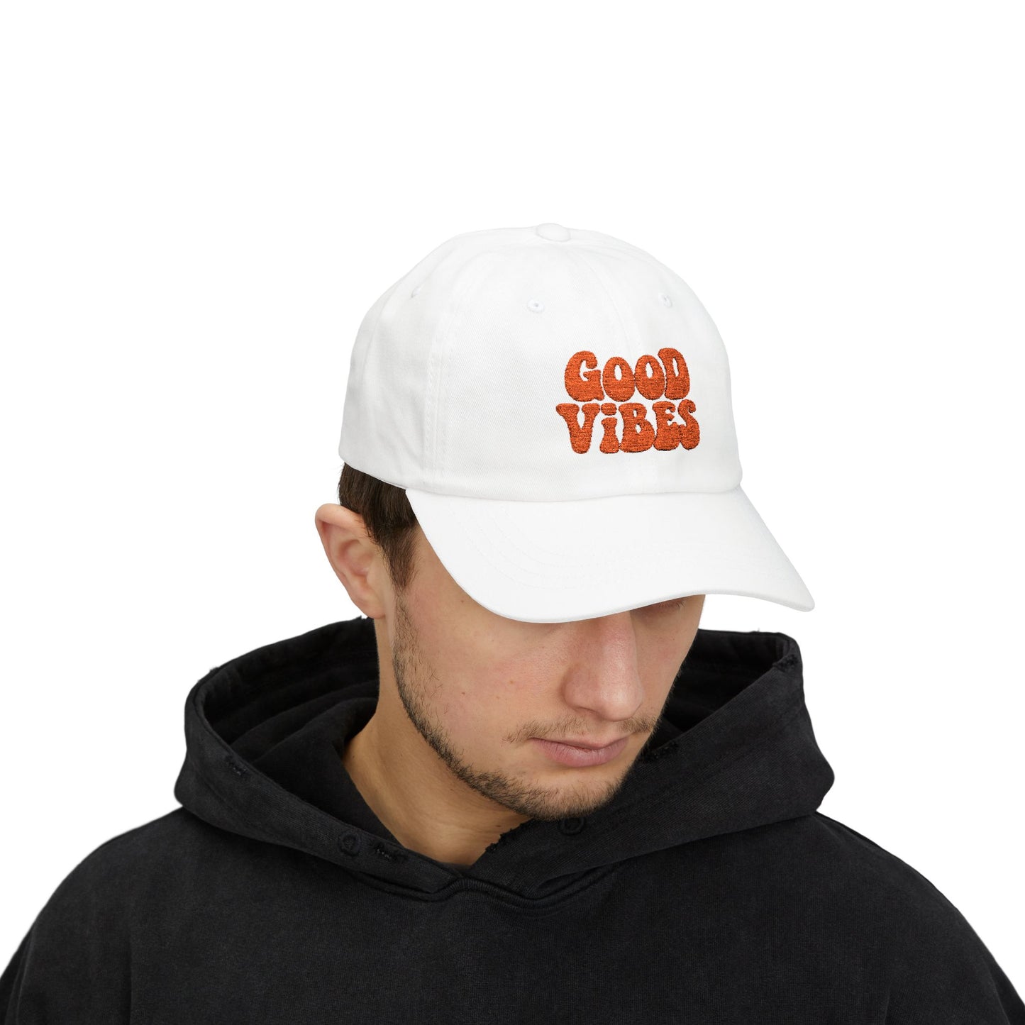 Good Vibes Classic Dad Hat – Embroidered Retro Text Hat for Positive Vibes, Chill Style, and Everyday Feel-Good Energy. Orange Letters