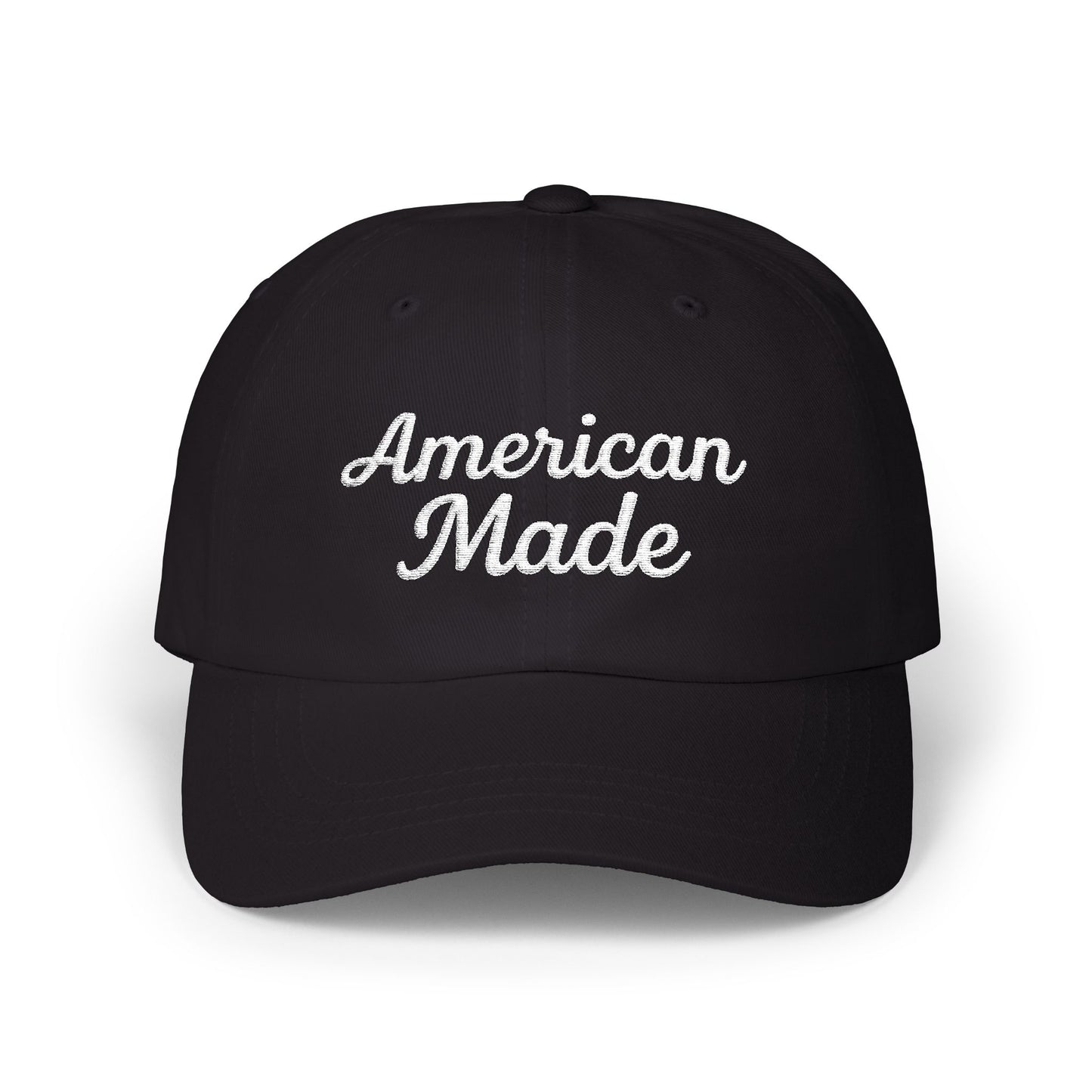American Made Classic Dad Hat – Embroidered Patriotic Baseball Hat with Retro Script for USA Pride and Everyday Wear. White Letters
