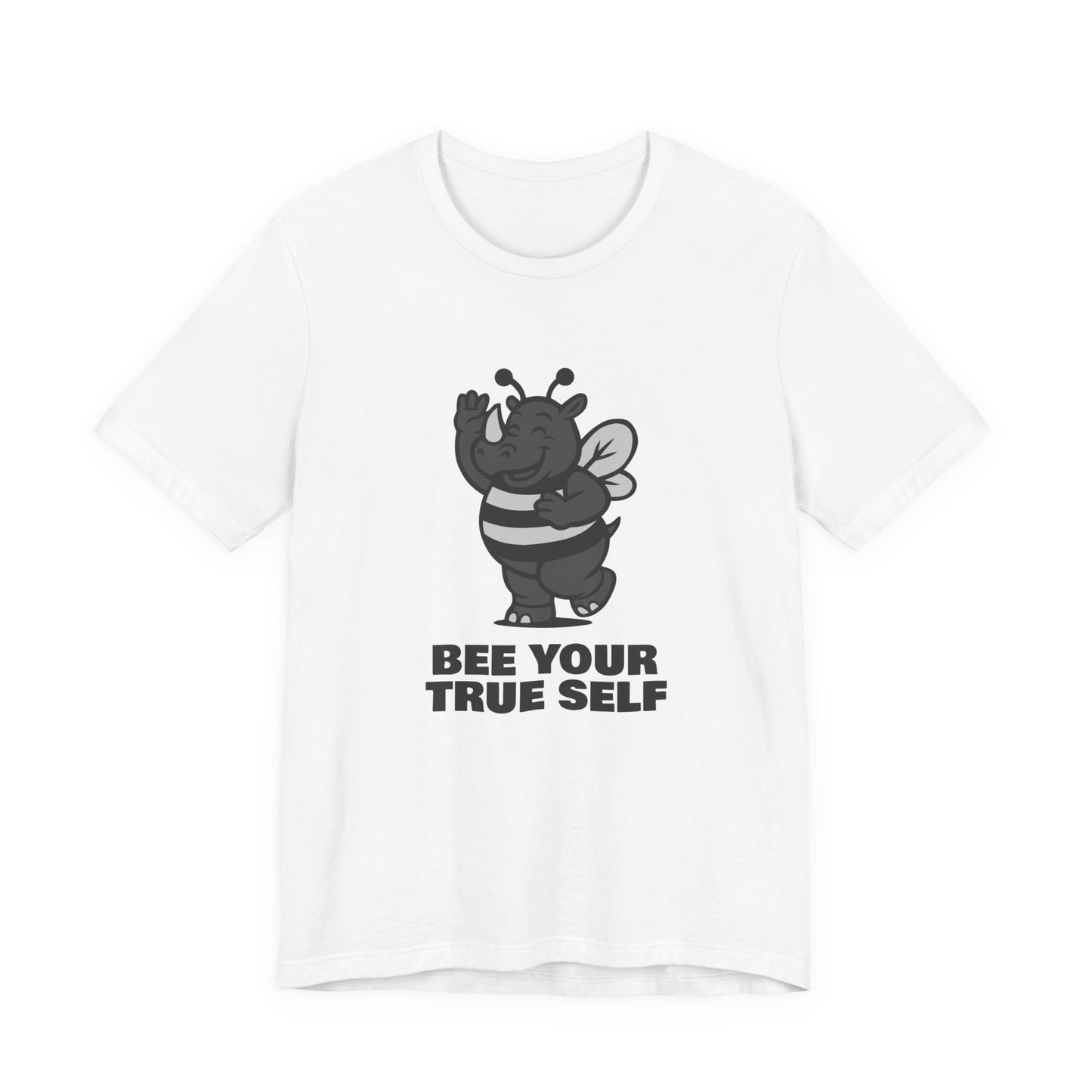 Bee Your True Self T-Shirt – Dark Theme Grayscale Rhino in Bee Costume on Black Tee with Wholesome Humor and Self-Expression Message. Unisex Jersey Short Sleeve Tee
