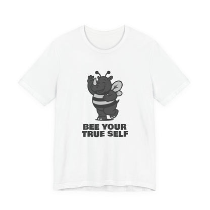 Bee Your True Self T-Shirt – Dark Theme Grayscale Rhino in Bee Costume on Black Tee with Wholesome Humor and Self-Expression Message. Unisex Jersey Short Sleeve Tee
