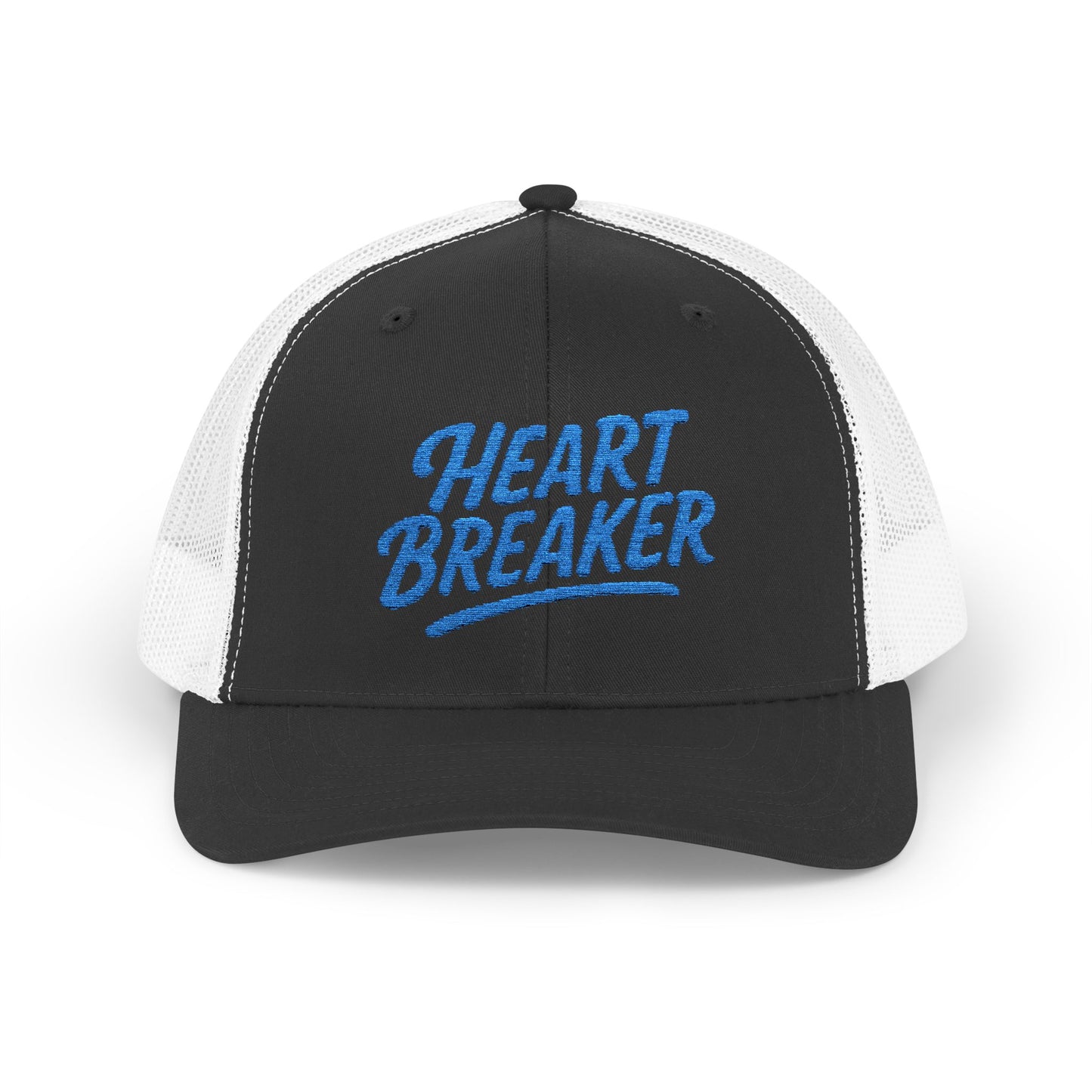 Heartbreaker Trucker Hat – Bold Baseball Hat with Retro Script and Broken Heart Design for Confident Rule-Breakers. Blue Letters