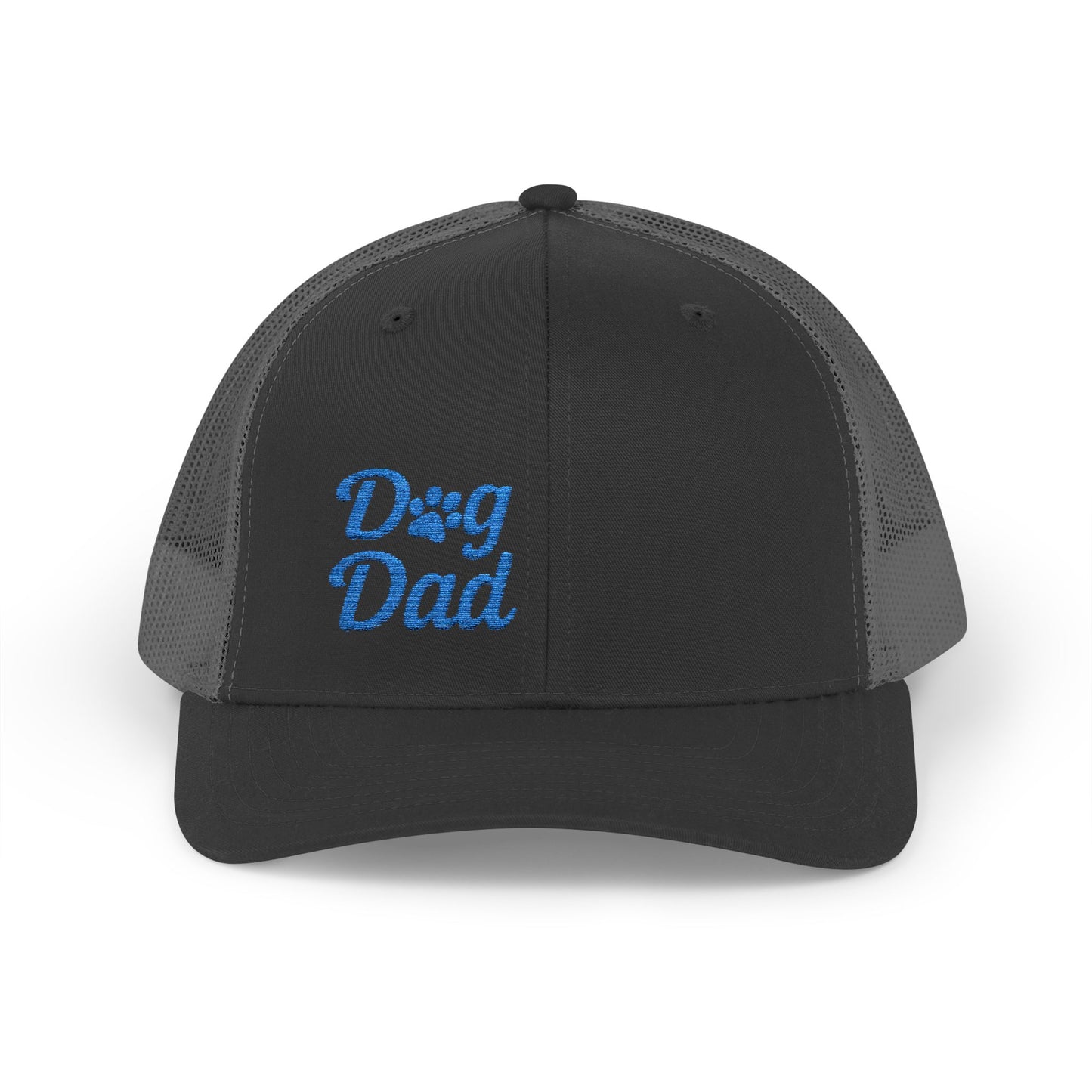 Dog Dad Trucker Hat – Embroidered Minimalist Dog Face Hat for Proud Pet Dads and Canine Companions. Blue Letters