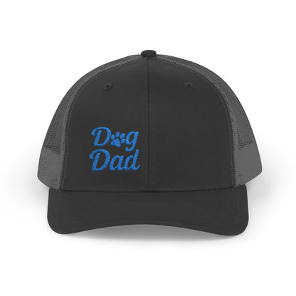 Dog Dad Trucker Hat – Embroidered Minimalist Dog Face Hat for Proud Pet Dads and Canine Companions. Blue Letters