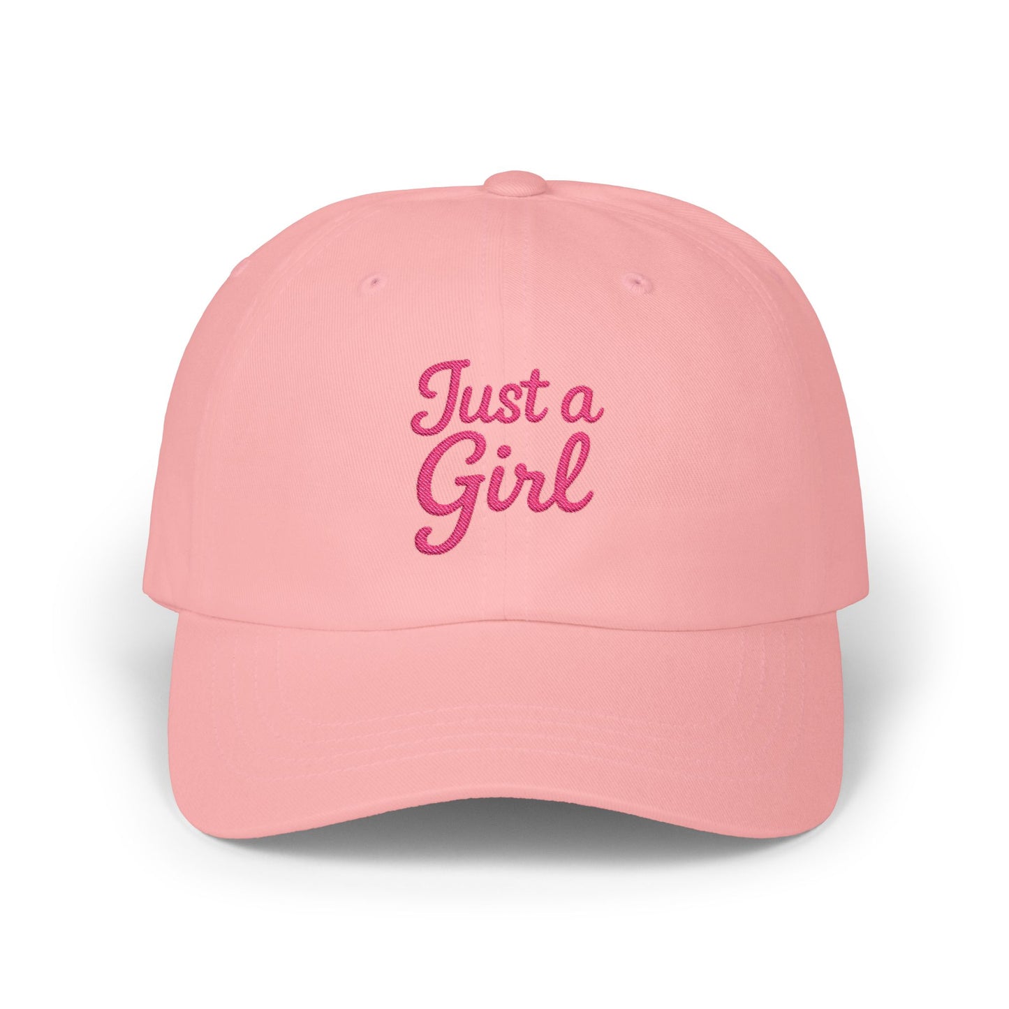 Just a Girl Embroidered Classic Dad Hat – Minimalist Script Baseball Hat with Bold Feminine Energy and Classic Style. Pink Letters