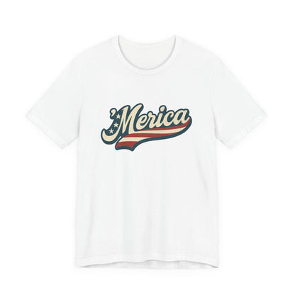 'Merica Vintage Script Shirt – Patriotic Retro USA Tee for 4th of July – Independence Day American Pride Design. Unisex Jersey Short Sleeve Tee