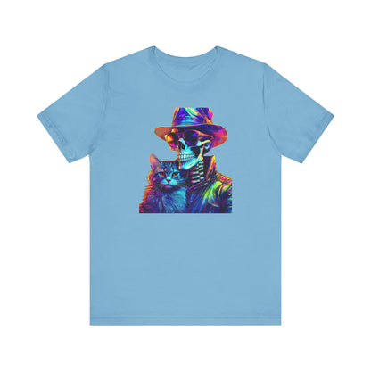 Cool Skeleton and Cat Halloween Shirt – Neon Retro Horror Graphic Tee for Spooky Style and Cat Lovers