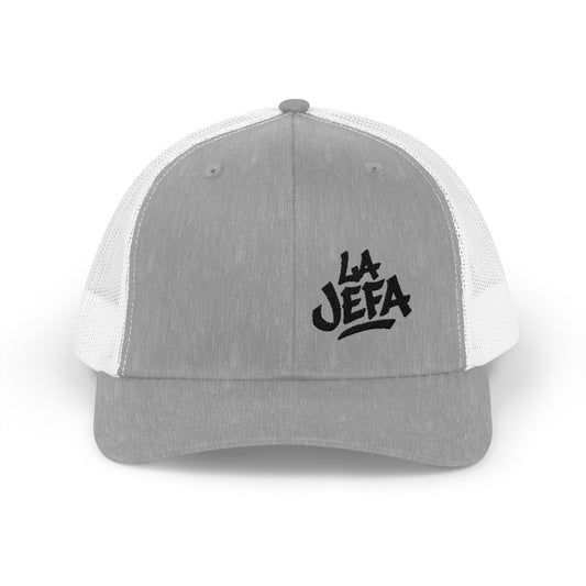 La Jefa Trucker Hat – Embroidered Latina Boss Hat for Bold Women. Black Letters