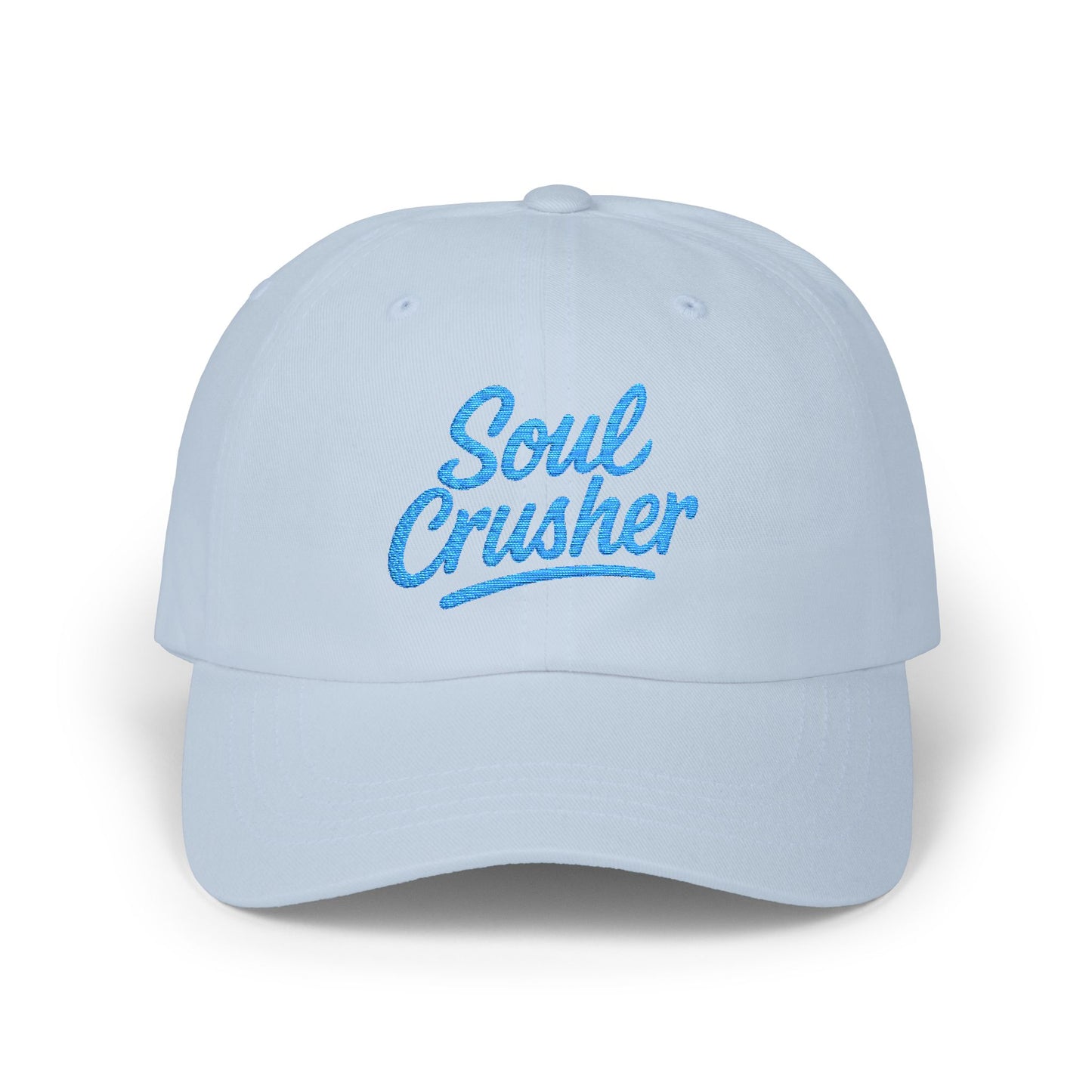 Soul Crusher Embroidered Classic Dad Hat – Clean Script Baseball Hat with Bold Edge for Heartbreakers, Villains, and Power Moves. Blue Letters