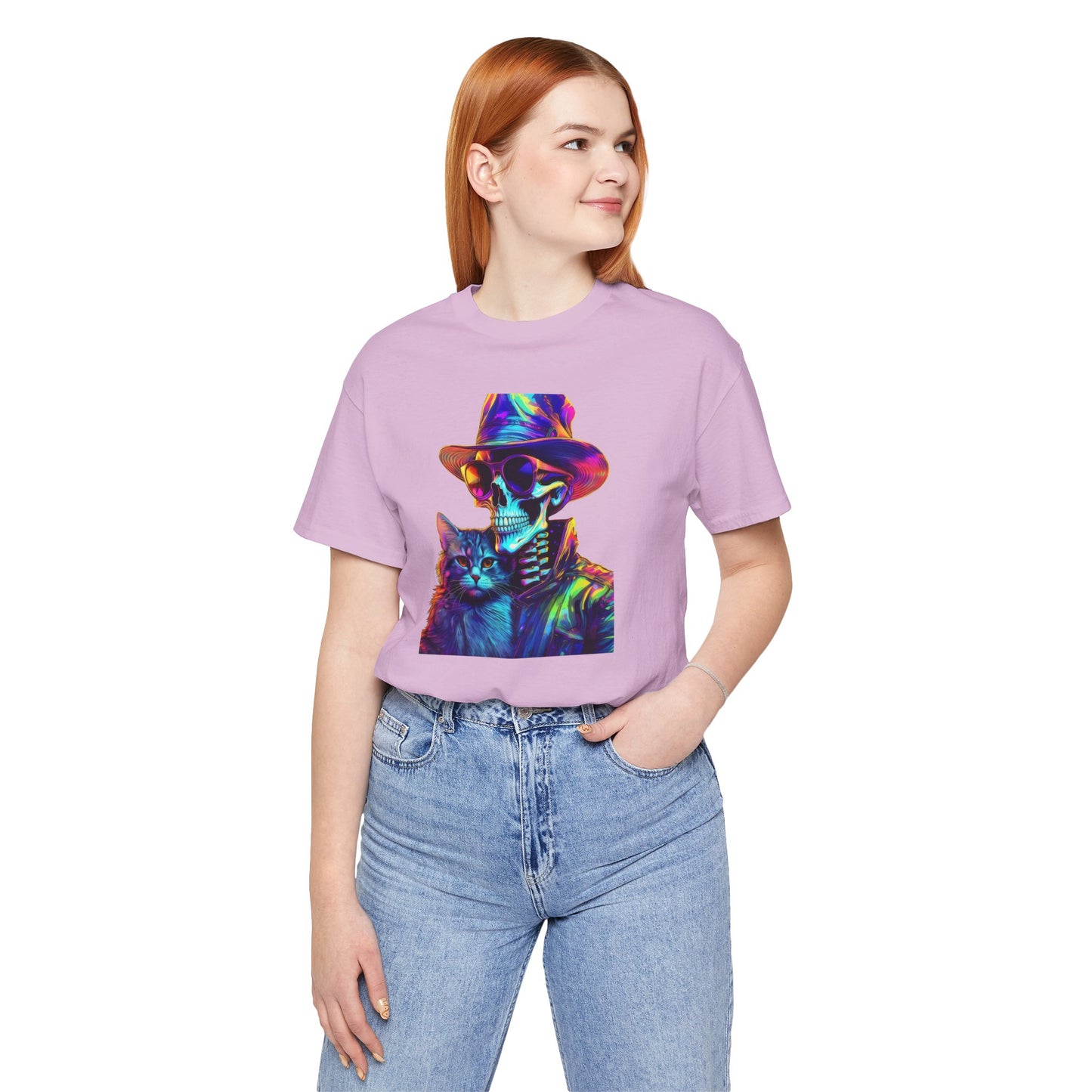 Cool Skeleton and Cat Halloween Shirt – Neon Retro Horror Graphic Tee for Spooky Style and Cat Lovers