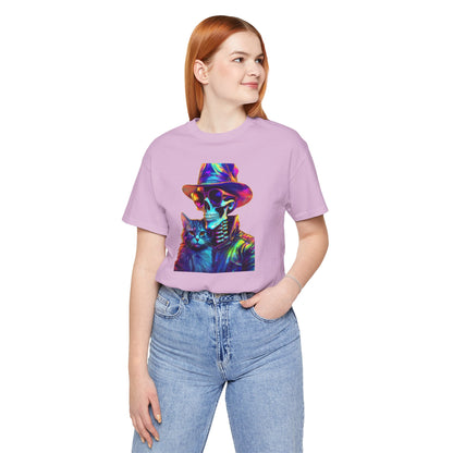 Cool Skeleton and Cat Halloween Shirt – Neon Retro Horror Graphic Tee for Spooky Style and Cat Lovers