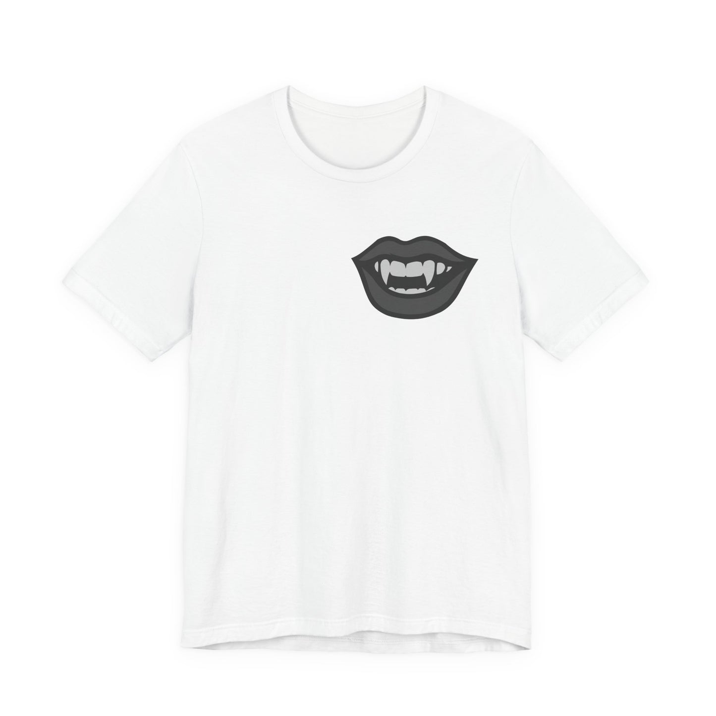 Vampire Mouth Graphic T-Shirt – Dark Theme Grayscale Fanged Lips on Black Tee with Gothic Bite and Modern Ghost Effect. Unisex Jersey Short Sleeve Tee