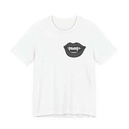 Vampire Mouth Graphic T-Shirt – Dark Theme Grayscale Fanged Lips on Black Tee with Gothic Bite and Modern Ghost Effect. Unisex Jersey Short Sleeve Tee