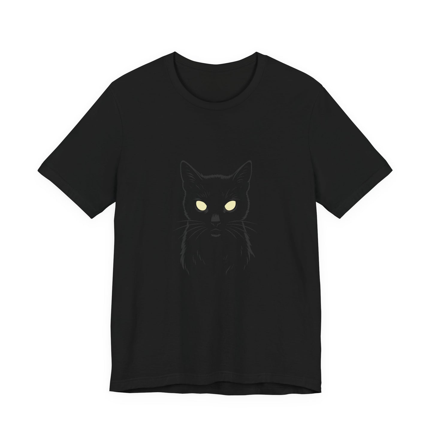 Ghost Cat Eyes Tee – Dark Theme Black Cat Outline with Transparent Face and Glowing Stare. Unisex Jersey Short Sleeve Tee