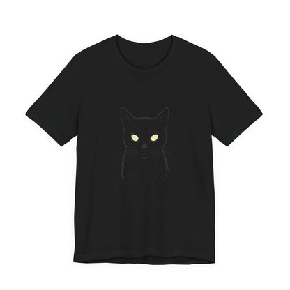 Ghost Cat Eyes Tee – Dark Theme Black Cat Outline with Transparent Face and Glowing Stare. Unisex Jersey Short Sleeve Tee