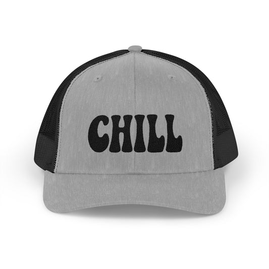 Chill Trucker Hat – Embroidered Relaxed Script Hat for Easygoing Vibes and Everyday Cool. Black Letters