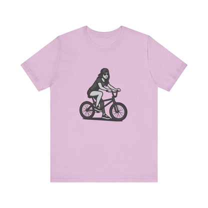 Cool Girl on Bike Graphic T-Shirt – Laid-Back Dark Theme Grayscale Rider Design on Black Tee with Street Style and Subtle Modern Ghost Effect. Unisex Jersey Short Sleeve Tee