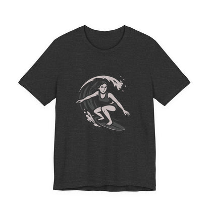 Surf Girl Graphic T-Shirt – Dark Theme Grayscale Female Surfer Riding Wave on Black Tee with Flow State Energy and Modern Ghost Effect. Unisex Jersey Short Sleeve Tee