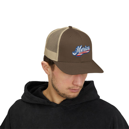 Merica Trucker Hat – Patriotic Embroidered Hat with Vintage Sports Style