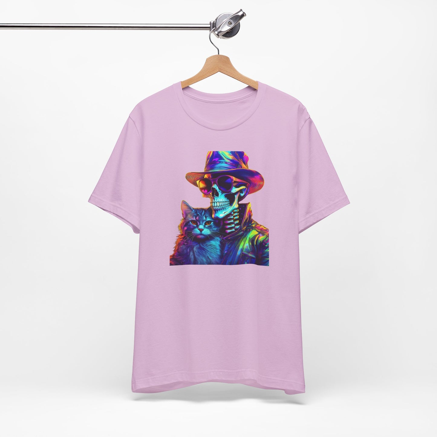 Cool Skeleton and Cat Halloween Shirt – Neon Retro Horror Graphic Tee for Spooky Style and Cat Lovers