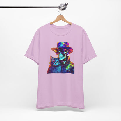 Cool Skeleton and Cat Halloween Shirt – Neon Retro Horror Graphic Tee for Spooky Style and Cat Lovers