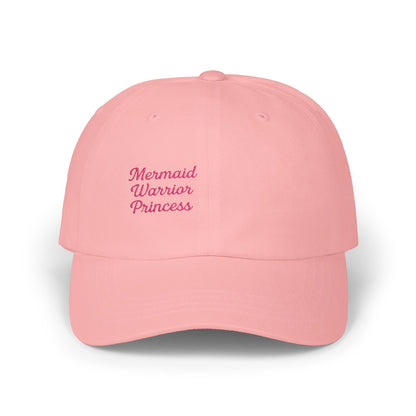 Mermaid Warrior Princess Embroidered Classic Dad Hat – Bold Text Hat for Ocean Queens, Fantasy Fans, and Fierce Beach Style. Pink Letters